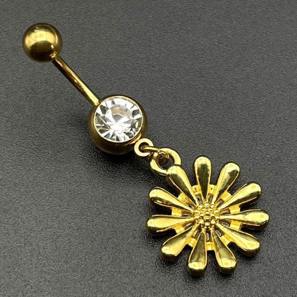 316L Stainless Steel with White Diamond Cubic Zirconia Daisy Flower Belly Ring